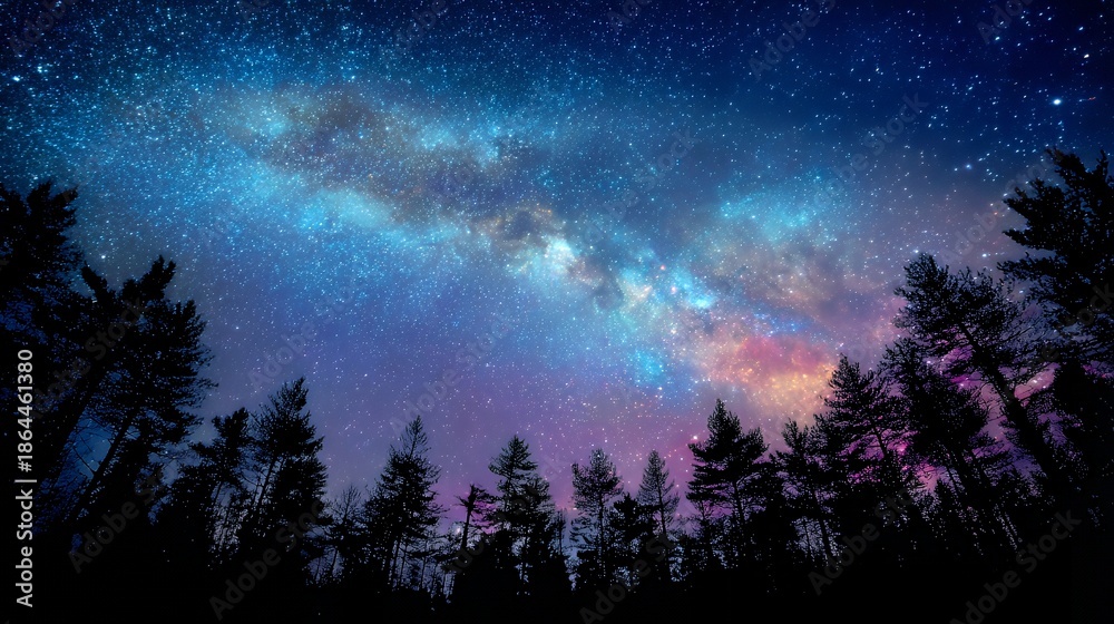 Fototapeta premium Celestial Canopy: Milky Way Over Forest Silhouette Night Sky