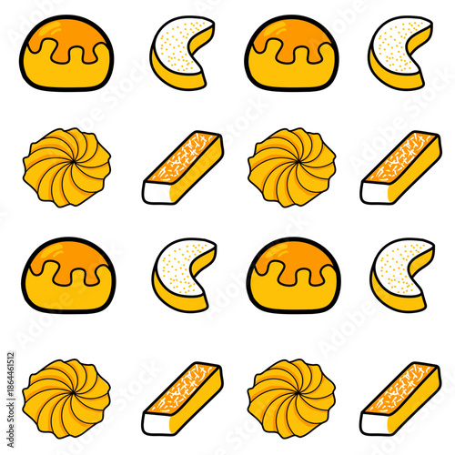Seamless patern of Kue nastar or pineapple tart. illustration of Kue Lebaran from Indonesian traditional cookies for Eid Mubarak celebration. Nastar, Putri Salju, Kue Sagu and Kastengel.