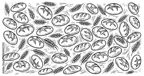 Sourdough bread background  pattern vector featuring hand drawn artisan loaves and wheat in a vintage rustic woodcut drawing style for organic bakery packaging design
