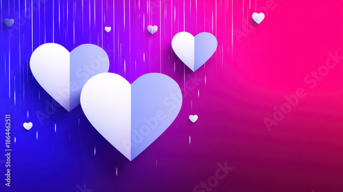 Paper heart decoration romance valentines love pink purple blue gradient background falling confetti