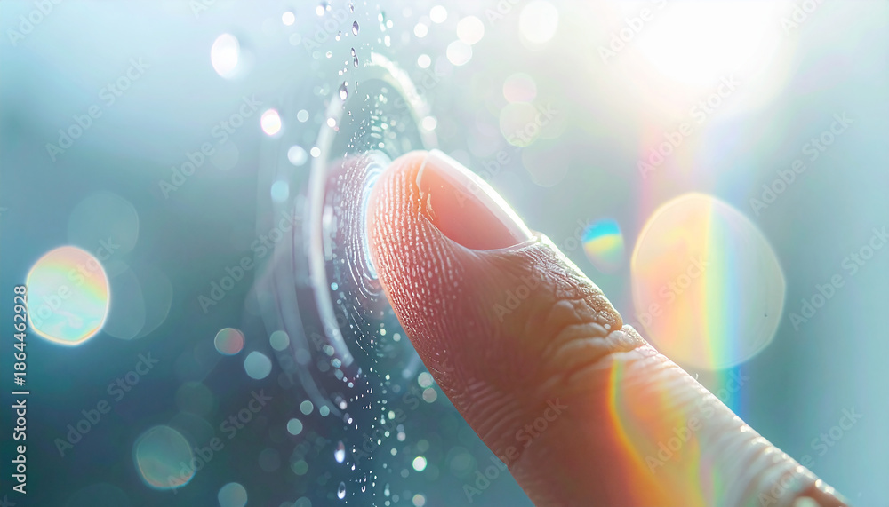 Obraz premium The Art of Touch: A close-up shot of a human finger, elegantly interacting with a raindrop-covered surface, evoking a sense of connection and exploration.