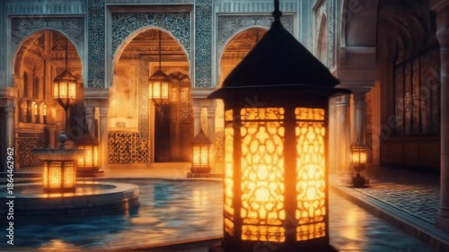 Enchanting Moroccan Courtyard with Intricate Details and Sparkling Fountain, Serene Ambiance
