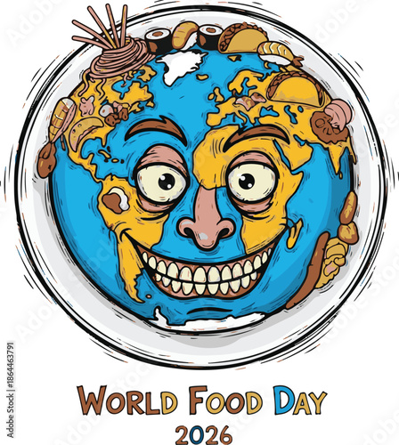 Whimsical global food celebration illustration, presenting a smiling Earth transformed into a bountiful platter overflowing with a delightful variety of international cuisine and treats
