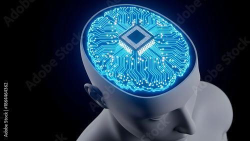 Human Head with Glowing Circuit Board Brain and CPU Representing Artificial Intelligence and Machine Learning.
