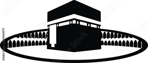 Kaaba illustration, Masjid al-Haram, Islamic architecture, religious symbol, pilgrimage site, sacred structure, Mecca, silhouette design, worship, flat vector