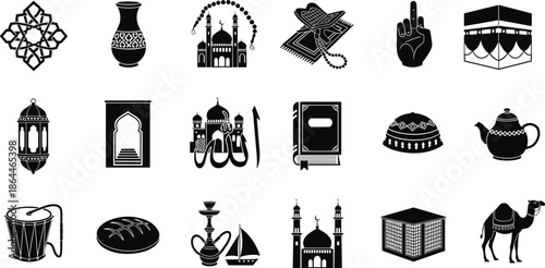Islamic icons, Kaaba, prayer rug, lantern, mosque, tasbih, cultural items, religious symbols, traditional elements, silhouette design, flat vector