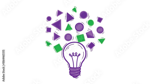 A creative illustration of a lightbulb surrounded by geometric shapes in purple and green hues, symbolizing innovative ideas and artistic expression