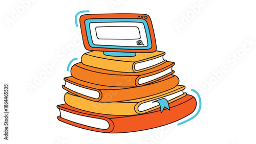Stack of books with a laptop on top viewed from the side on a white background