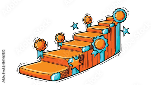 An illustration of an orange staircase with blue accents and stars surrounding it