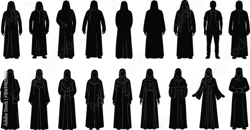Islamic attire, cultural diversity, hijab styles, niqab silhouettes, traditional clothing, modest fashion, identity illustration, black design, people icons, flat vector