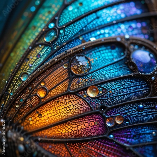 Macro Close-up of Surreal Butterfly Wing with Ornate Stained Glass Texture and Iridescent Gemstone Droplets