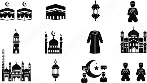 Islamic icons, Kaaba, mosque, crescent moon, lantern, prayer, robe, minaret, religious symbols, silhouette design, culture, flat vector