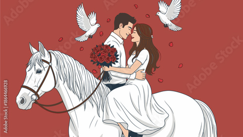 Illustration of a romantic couple kissing on a white horse with red flowers and doves against a red background, celebrating Kuda Valentine's Day with love and affection.