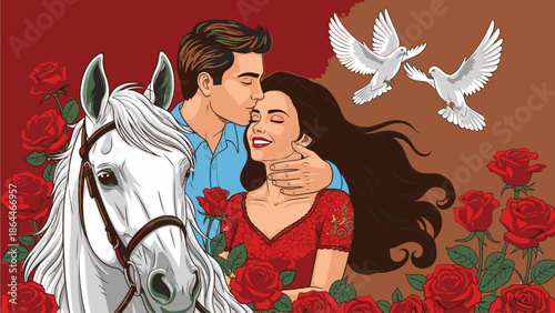 Illustration of a romantic couple kissing with a white horse, roses, and doves on Kuda Valentine's Day, conveying love and affection in a vibrant, colorful setting.