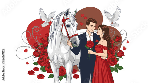 Illustration of a romantic couple with a white horse, surrounded by red hearts and roses, celebrating Kuda Valentine's Day with elegance and love.