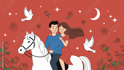 Illustration of a romantic couple riding a white horse with Kuda Valentine's Day decorations in the background, surrounded by roses and doves on a red backdrop with a crescent moon.