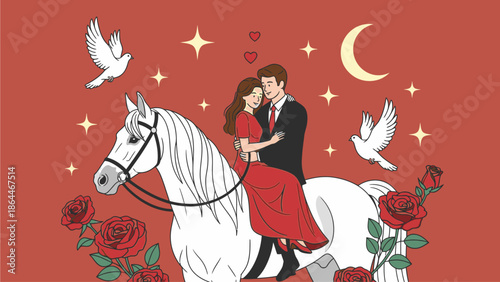 Illustration of a romantic couple embracing on a white horse with roses, doves, and stars on a red background, celebrating Kuda Valentine's Day in a whimsical scene.
