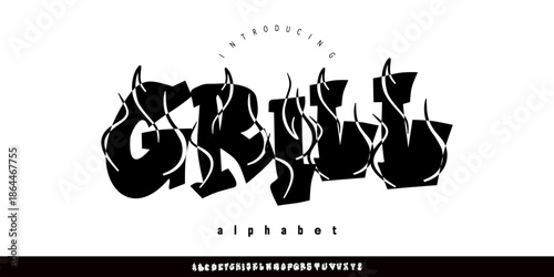 Grill Font. Bold decorative display typeface with flame-inspired distortion, perfect for music posters, edgy branding, streetwear, and album covers.