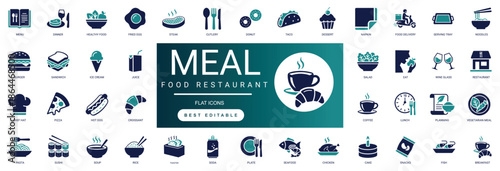 Meal Food Restaurant Solid Icons for Dining and Menu Planning featuring Breakfast Lunch Dinner Kitchen Chef Cooking Healthy Fast Food Professional Vector Set Editable