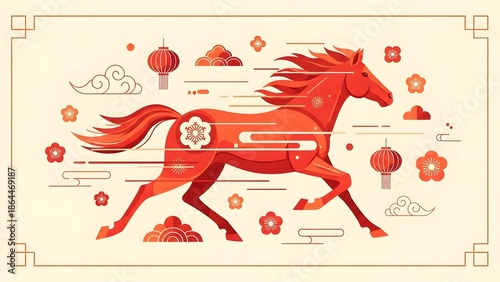 Red horse running with flowing mane and tail surrounded by flowers and lanterns