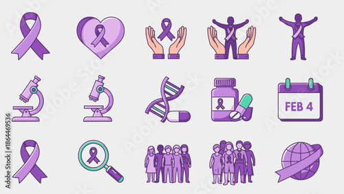 Purple Ribbon Icons Set: Awareness, Health, Science, Community, Global Support