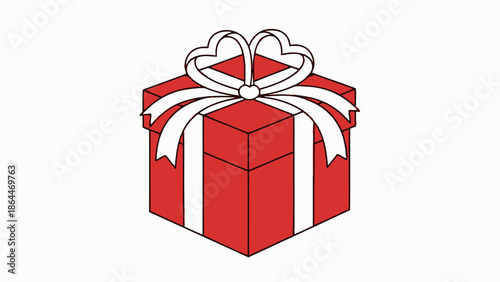 Red Gift Box with White Ribbon Bow and Heart Shape Detail, Isolated on White Background