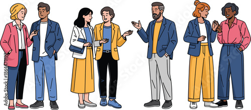 Conversation illustration, social interaction, friendly dialogue, casual attire, professional clothing, communication artwork, interpersonal connection, cartoon design, diverse people