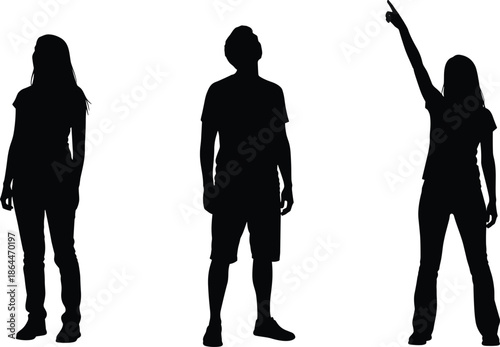 Seven walking silhouettes of pedestrians using smartphones and backpacks, one walking a dog, sequential motion study, urban distraction, commuter behavior vector illustration