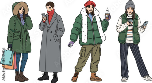 Winter clothing illustration, stylish coats, trendy jackets, seasonal outfits, casual attire, fashionable people, outerwear design, urban lifestyle, accessories