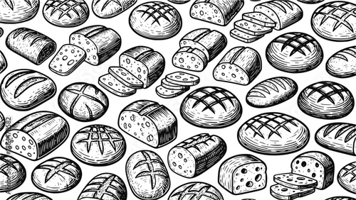 Sourdough bread background pattern vector with vintage rustic hand drawn sketch style artisan bakery crusty loaves for organic food packaging design 
