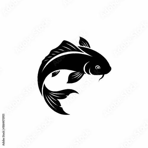 Stylized black and white illustration of a jumping koi fish.