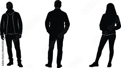 Seven walking silhouettes, people engrossed in smartphones while walking, backpacks and caps, one walking a dog, sequential motion study, vector illustration for urban life