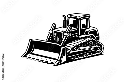 Compact bulldozer with simplified industrial design, three-quarter side view