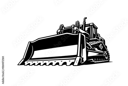 Low-angle perspective bulldozer emphasizing massive blade and tracks