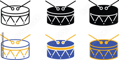 Musical percussion snare drum and drumsticks for parade or festival in various outline solid and colorful styles Vector Silhouette, Pictogram and Line Icon Set.eps