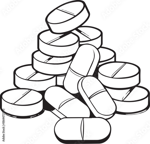 Pile of Pills, Handful of Prescribed Medication Tablets, Hand-drawn Sketch Drawing Vector Illustration, Line Linear Symbol Engraving Coloring Book, Black and White Isolated
