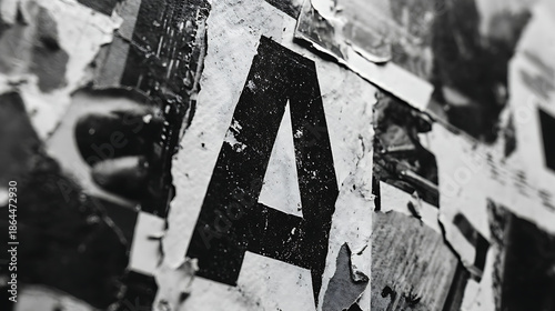 Close up of torn paper with letter A on a wall ripped