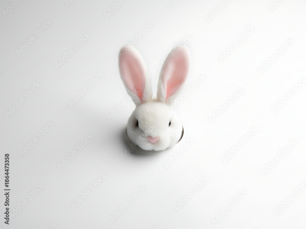 Obraz premium Minimalist Easter Bunny Ears Peeking from Torn Paper Hole on Clean White Background with Copy Space, Simple Spring Holiday Concept
