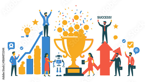 Business success and achievement concept with people celebrating growth and victory.
