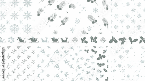 Seamless winter holiday pattern with snowflakes, sleighs, and festive elements in a monochrome style.