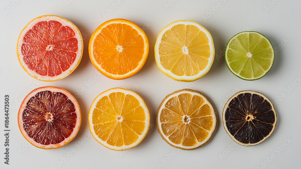Obraz premium Variety of citrus fruits cut in half on a white surface