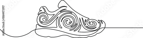 Continuous line art of a running shoe with abstract spiral vortex patterns
