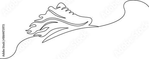 Continuous line art of a fast running shoe with fire and flame speed design