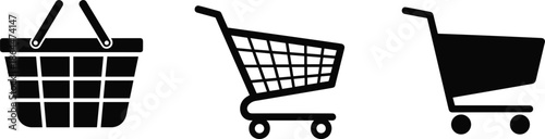 Shopping basket and grocery cart silhouette icons set, retail commerce symbols, market trolley vector collection for e-commerce web design on white background