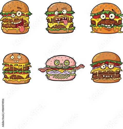 Six quirky, humorous cartoon hamburgers with unique monstrous expressions, dripping cheese and various toppings, ideal for playful food designs and fast food promotions