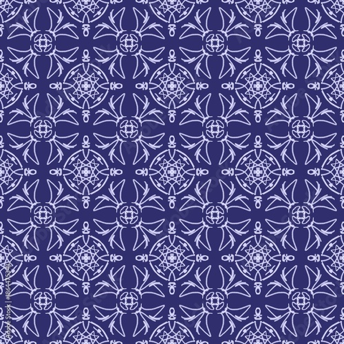 White Abstract Line Art Seamless Geometric Pattern on Dark Blue Background for Textile Printing, Wallpaper, and Digital Paper