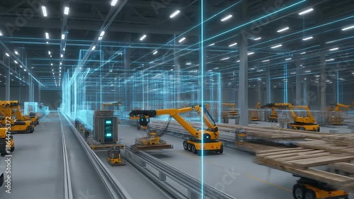 Automated warehouse with robotic vehicles and holographic data layers, conveying efficiency, logistics intelligence, and Industry 4.0 transformation.