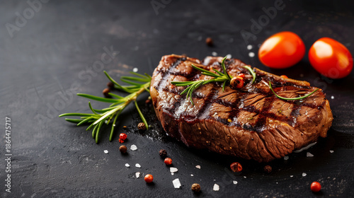 Juicy grilled steak with rosemary and peppercorns on a dark slate background