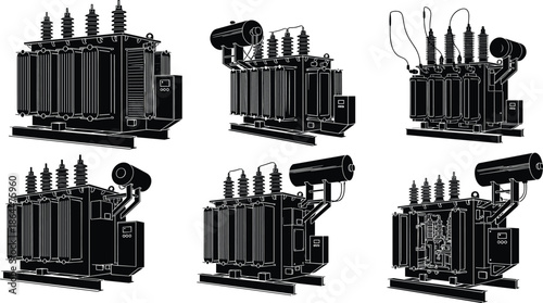 Black silhouette of high voltage industrial electrical transformer set, isolated on white background, power energy distribution infrastructure vector icon collection.