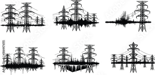 Black silhouette of high voltage power transmission towers, electric pylons, and tangled utility wires over industrial landscape on white background